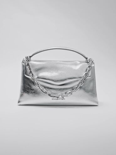 Andromeda Metallic Chunky-Chain Top Handle Bag, Silver, hi-res
