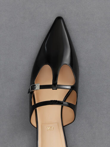 Leather T-Bar Double-Strap Mules, Black Boxed, hi-res