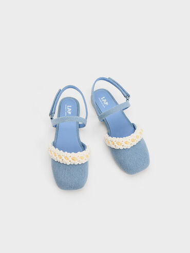 Giày búp bê trẻ em mũi tròn Floral Crochet Denim, Xanh nhạt, hi-res