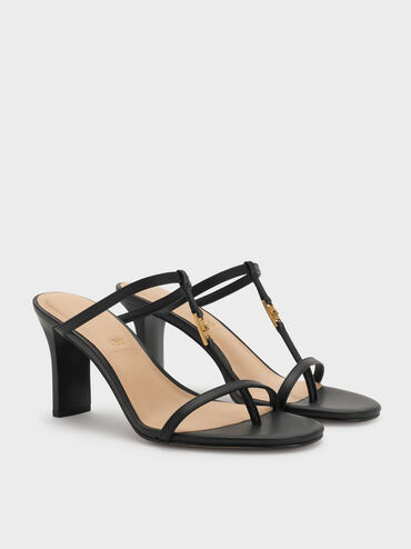 Leather T-Bar Heeled Mules, Black, hi-res