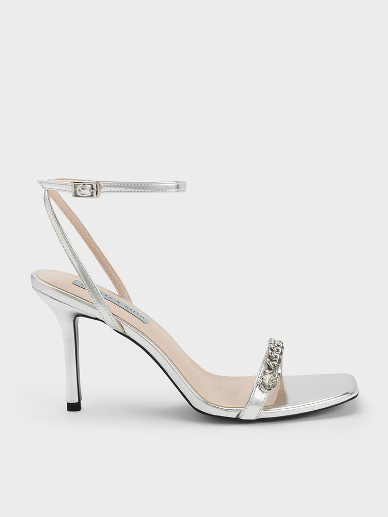 Giày sandals cao gót Chain-Embellished Metallic Ankle Strap, Bạc, hi-res