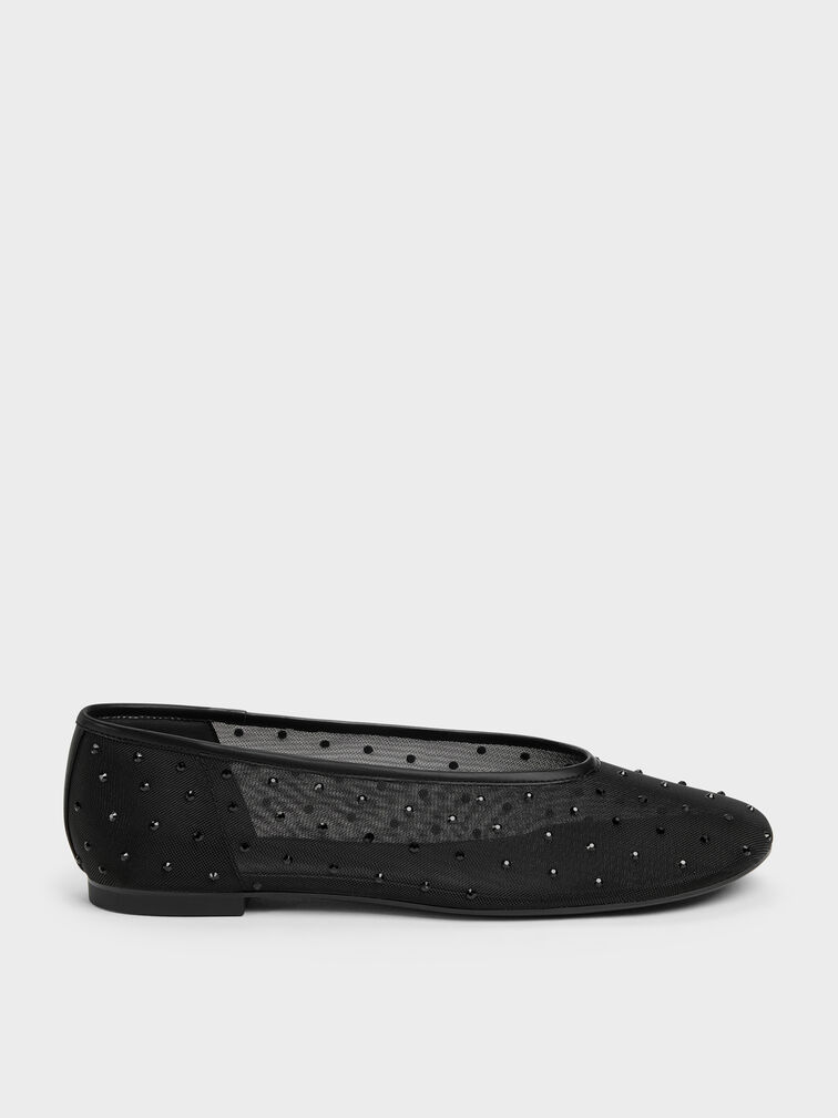 Mesh Crystal Ballet Flats, Black Textured, hi-res