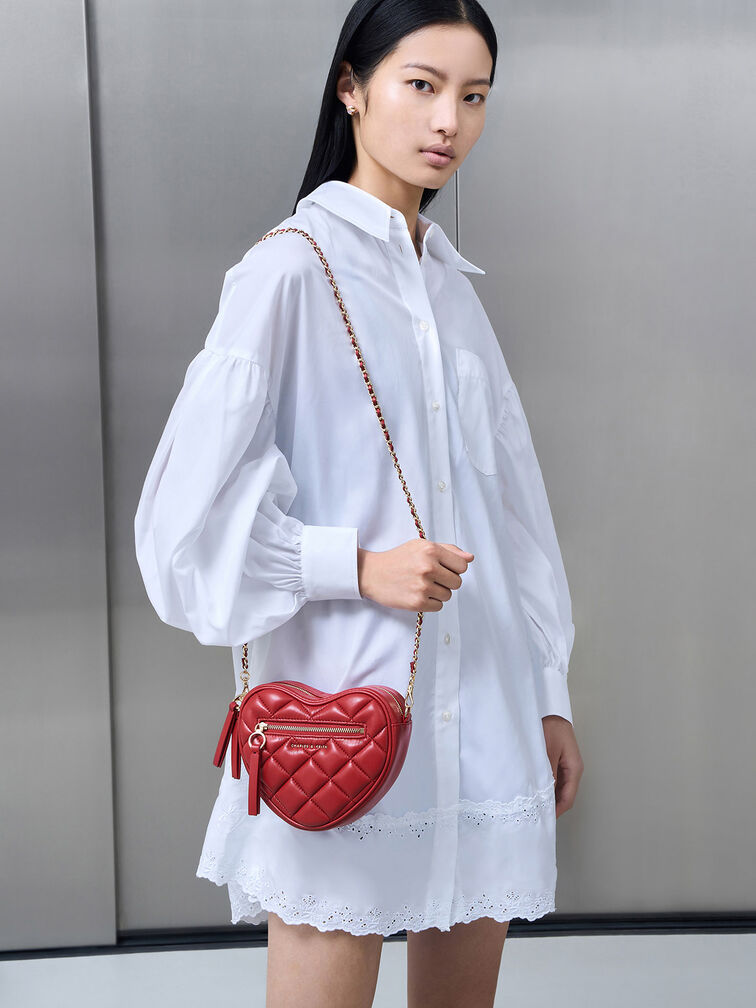 Túi đeo chéo hình trái tim Philomena Quilted Heart, Đỏ, hi-res