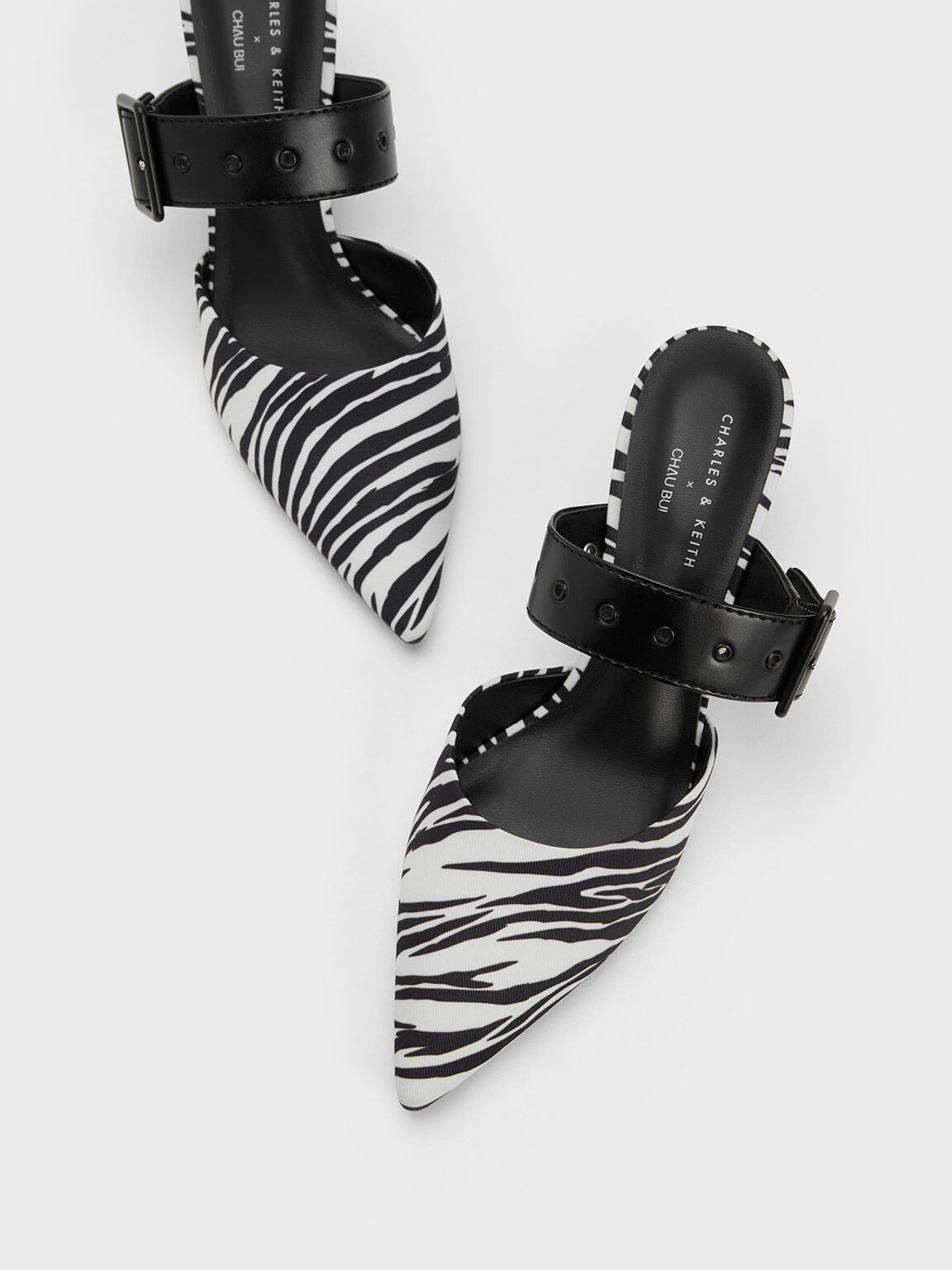 Giày mules cao gót Zebra Print Belted, Họa tiết ngựa vằn đen, hi-res