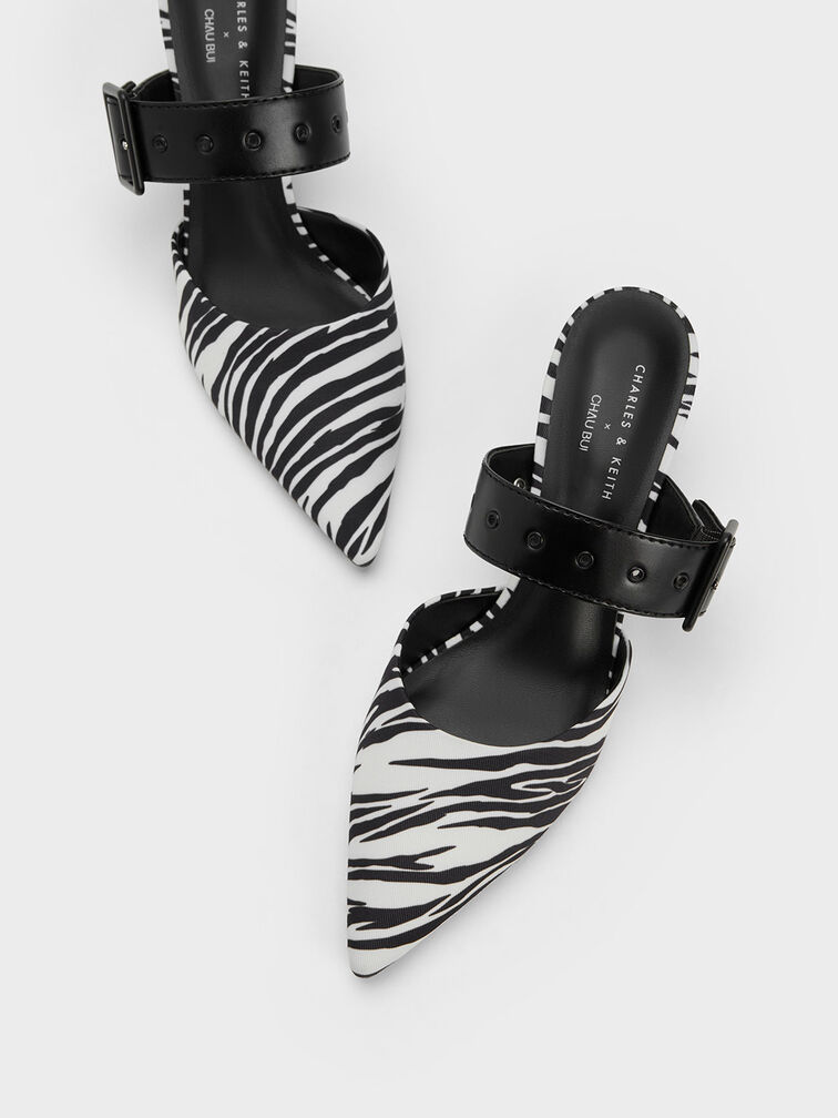 Giày mules cao gót Zebra Print Belted, Hoạ tiết da báo đen, hi-res