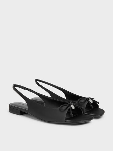 Imani Satin Bow Slingback Sandals, Black Textured, hi-res