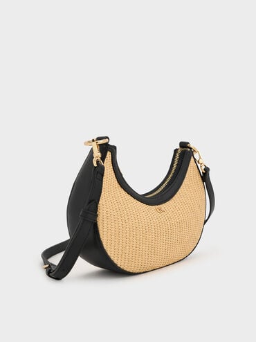 T&uacute;i đeo vai Leather & Raffia Crescent Hobo, Neutral Raffia, hi-res