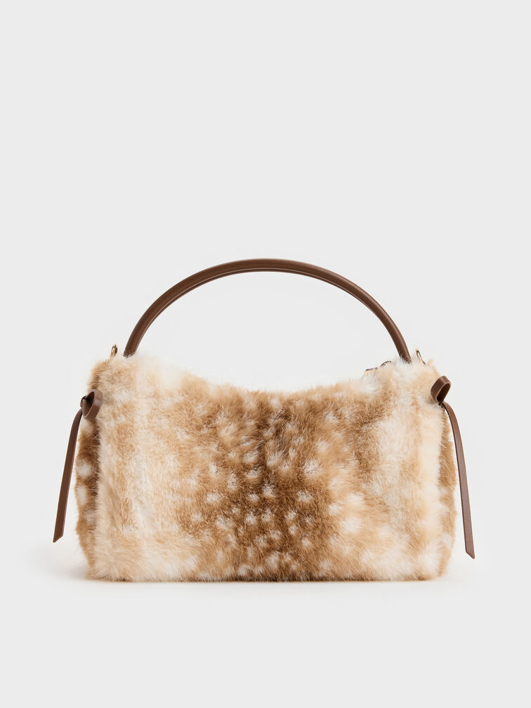 Hazel Furry Deer-Print Bow Top Handle Bag, Animal Print Brown, hi-res
