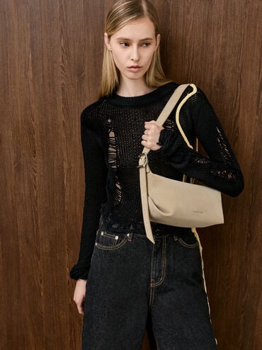 Larsen Recycled Suede Buckle-Strap Slouchy Shoulder Bag, Nutmeg Beige, hi-res