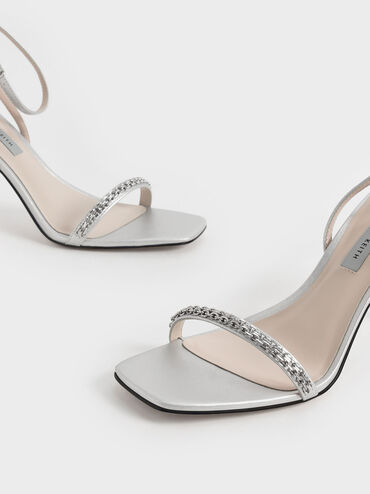 Giày cao gót sandals quai ngang Metallic Accent Ankle Strap, Bạc, hi-res