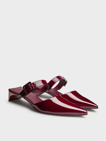 Patent Buckle-Strap Heeled Mules, Burgundy, hi-res