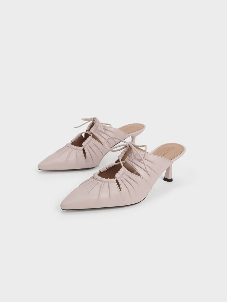 Giày mules cao gót Landis Leather Ruched Bow-Tie, Hồng, hi-res