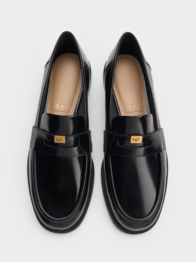 Georgina Leather Metallic-Accent Penny Loafers, Black Boxed, hi-res
