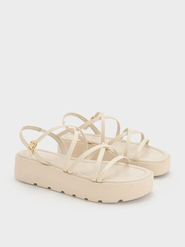Strappy Ridged-Sole Flatform Sandals, Chalk, hi-res
