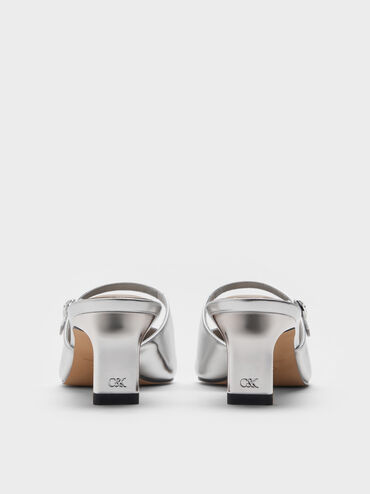 Metallic Leather Gem-Buckle Pointed-Toe Heeled Mules, Silver, hi-res