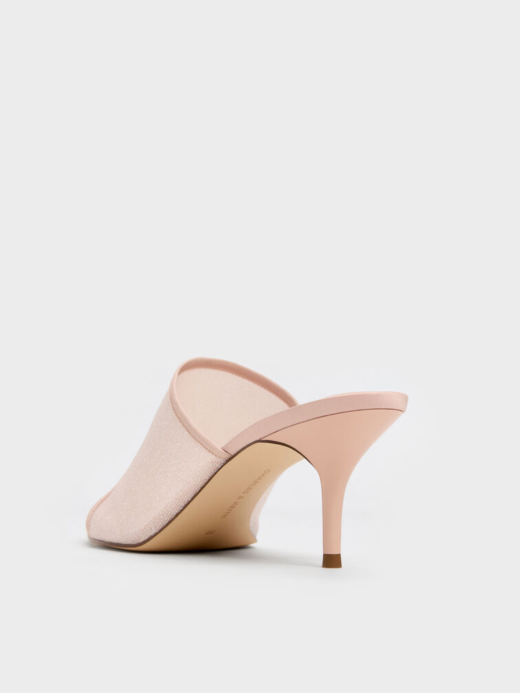 Glittered Mesh Heeled Mules, Pink, hi-res