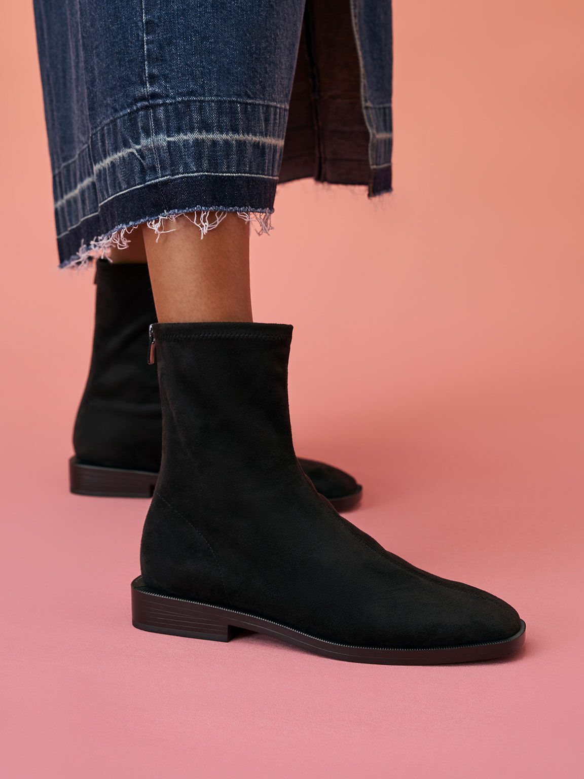 Giày boots nữ mũi vuông phối zip Square Toe Zip Up, Đen họa tiết, hi-res