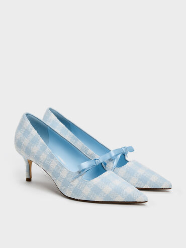 Venetia Gingham Bow Pointed Pumps, Light Blue, hi-res