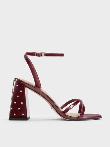 Emmaline Patent Leather Crystal Crossover Sandals, Burgundy, hi-res