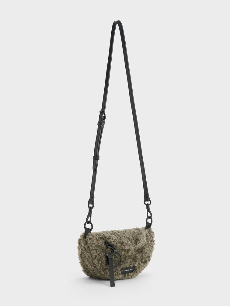 Túi đeo chéo hình bán nguyệt Philomena Furry Half-Moon, Khaki, hi-res