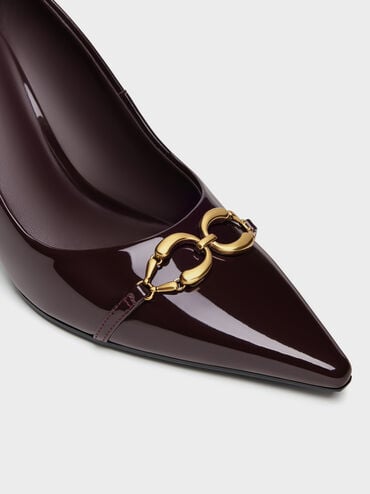 Gi&agrave;y cao g&oacute;t b&iacute;t mũi Patent Metallic-Buckle đỏ burgundy, Đỏ burgundy, hi-res