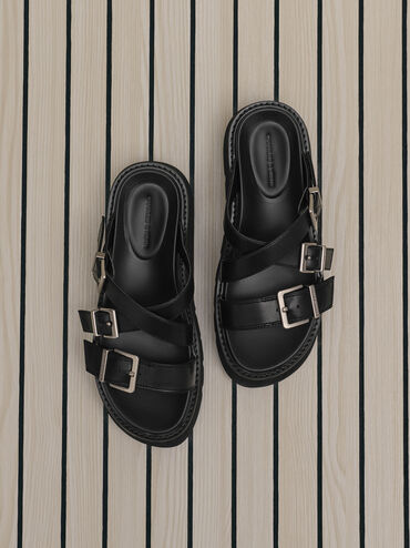Gi&agrave;y sandals đế cao Laine Buckled, Đen, hi-res