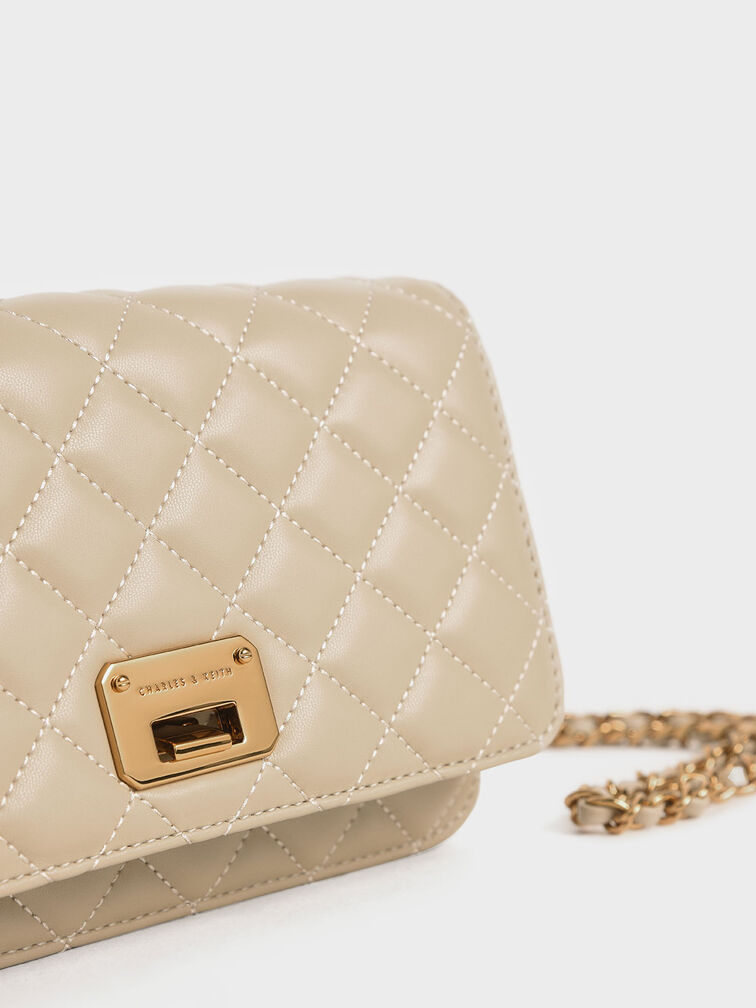 Quilted Flip-lock Clutch, Taupe, hi-res