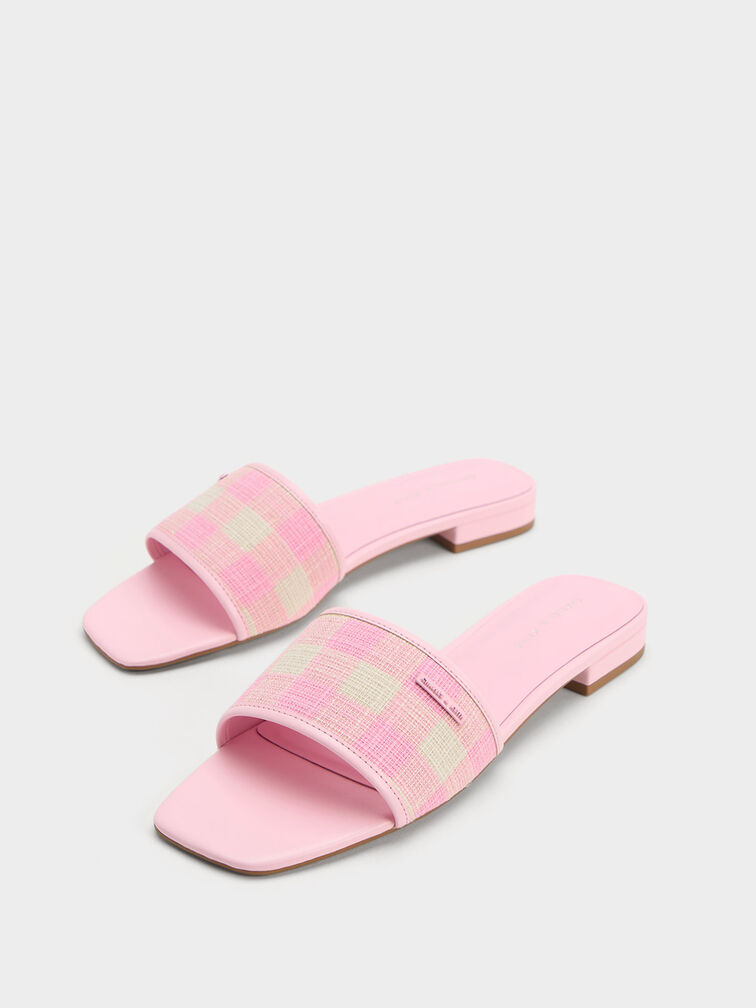 Woven Gingham Flat Sandals, Light Pink, hi-res
