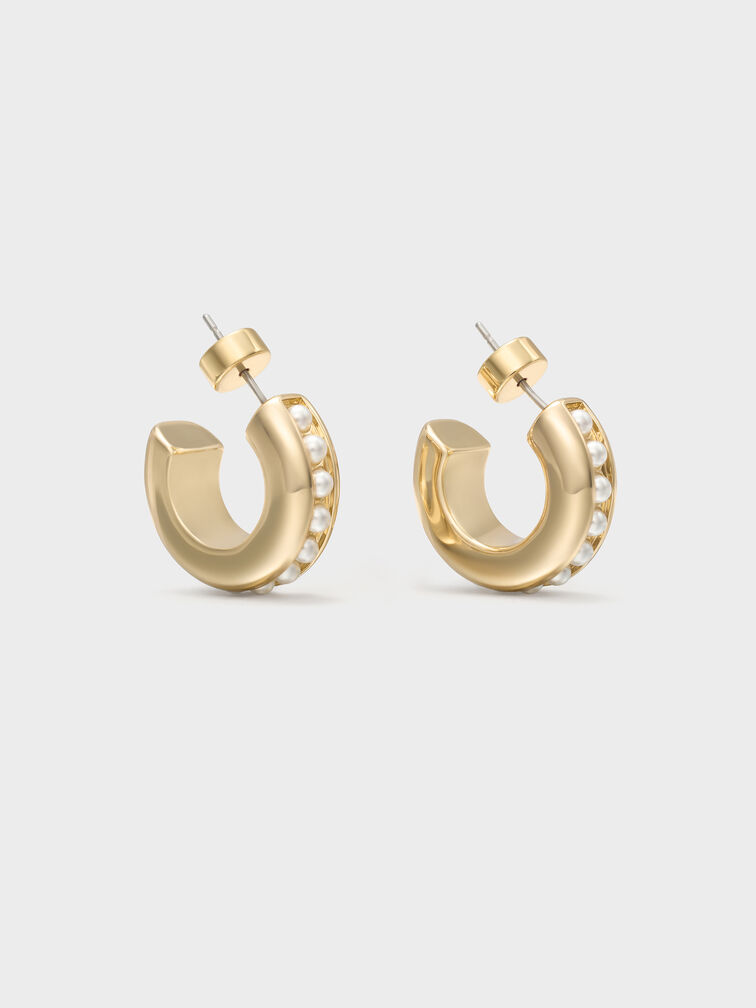 Pearl Open-Hoop Earrings, Gold, hi-res