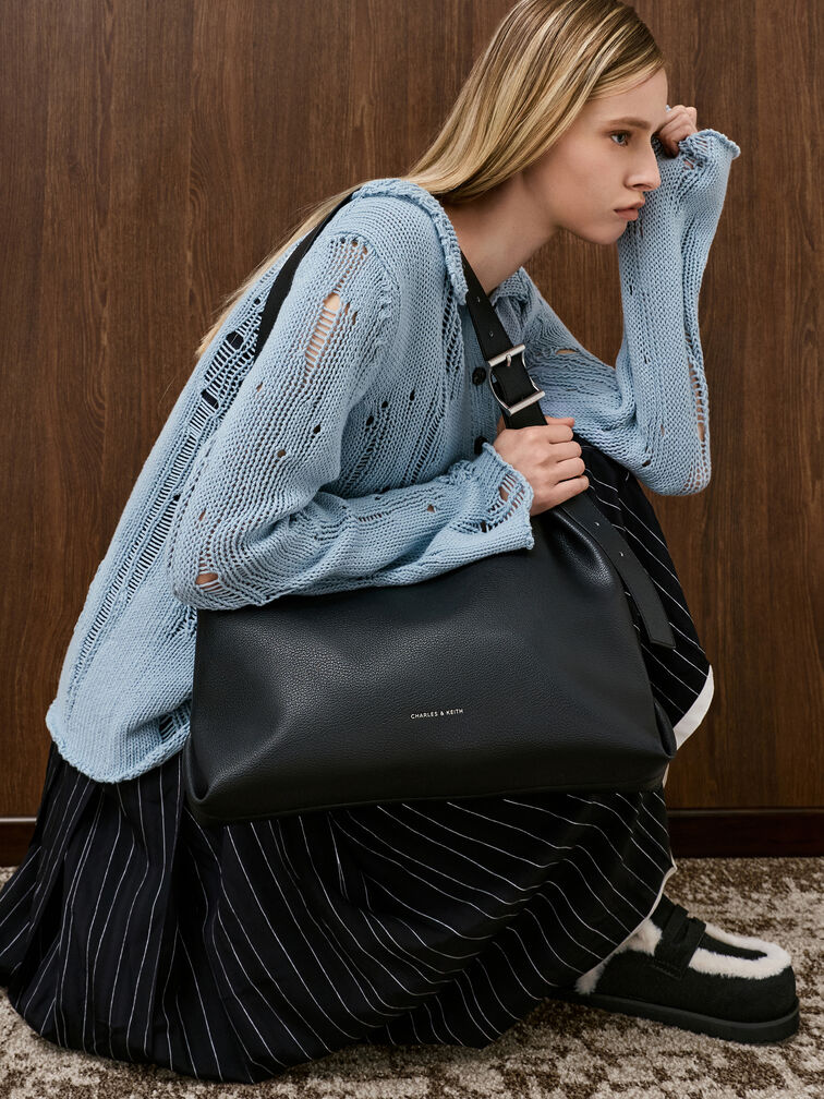 Larsen Buckle-Strap Hobo Bag, Noir, hi-res