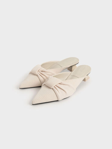 Giày mules cao gót mũi nhọn Recycled Polyester Ruched Knotted, Be, hi-res