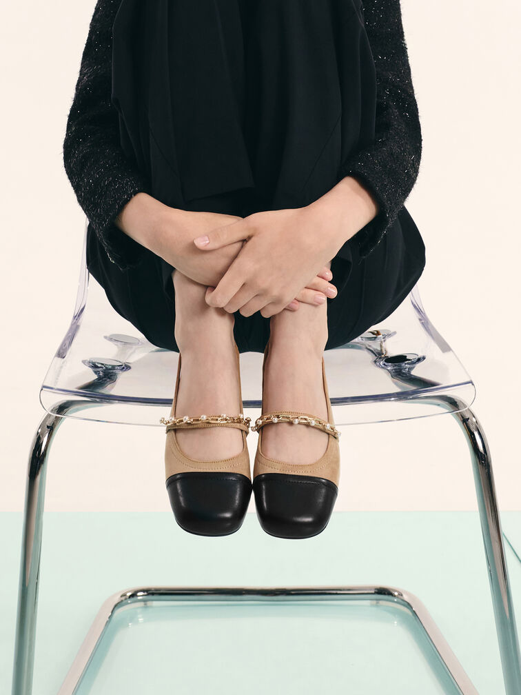 Rio Beaded Chain-Link Slingback Flats, Sand, hi-res