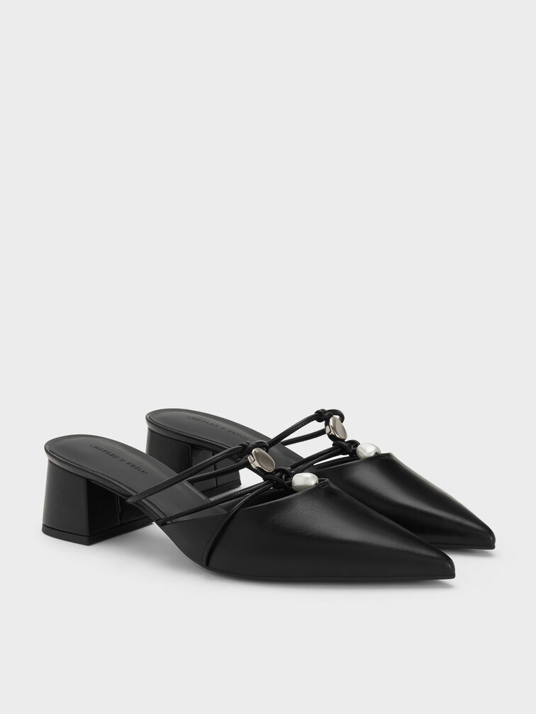 Georgie Bead Pointed Mules, Black, hi-res