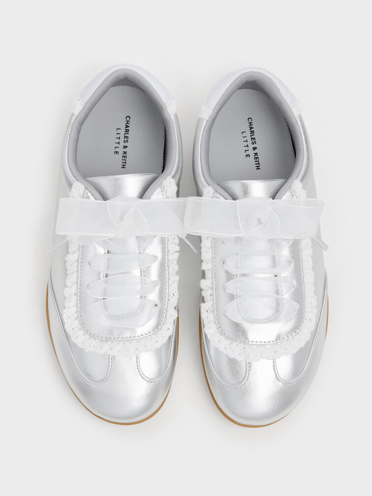 Girls' Metallic Lace-Trim Sneakers, Silver, hi-res