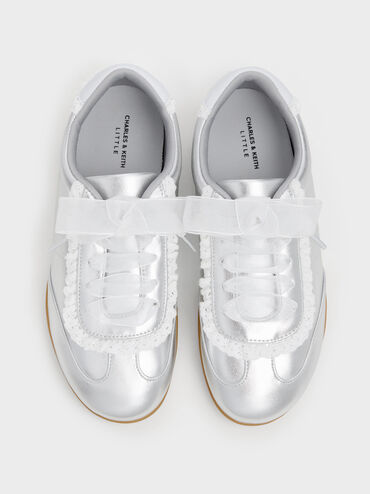 Girls' Metallic Lace-Trim Sneakers, Silver, hi-res