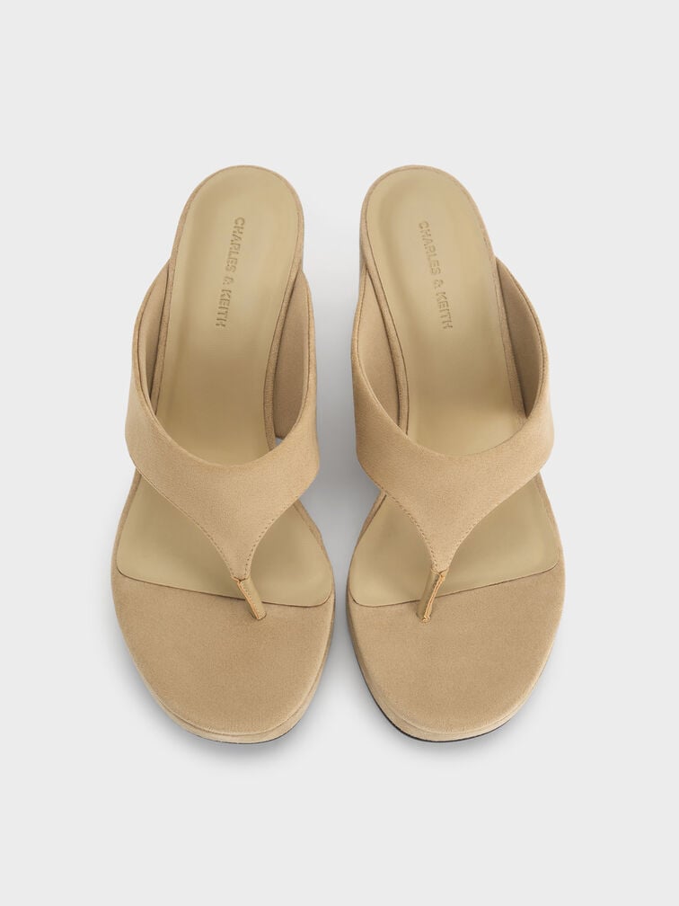 Faux Suede Thong Platform Wedges, Beige, hi-res