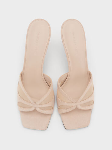 Faux Suede & Mesh Heeled Mules, Beige, hi-res