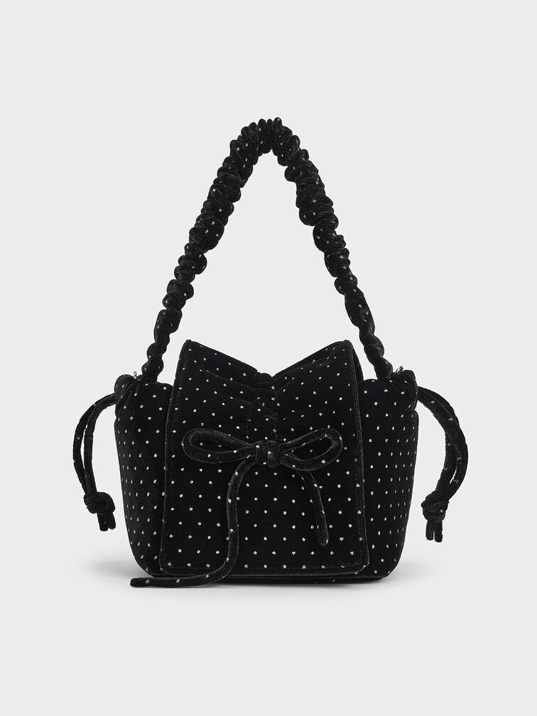 T&uacute;i x&aacute;ch h&igrave;nh thang Velvet Dotted Bow Ruched, Đen họa tiết, hi-res