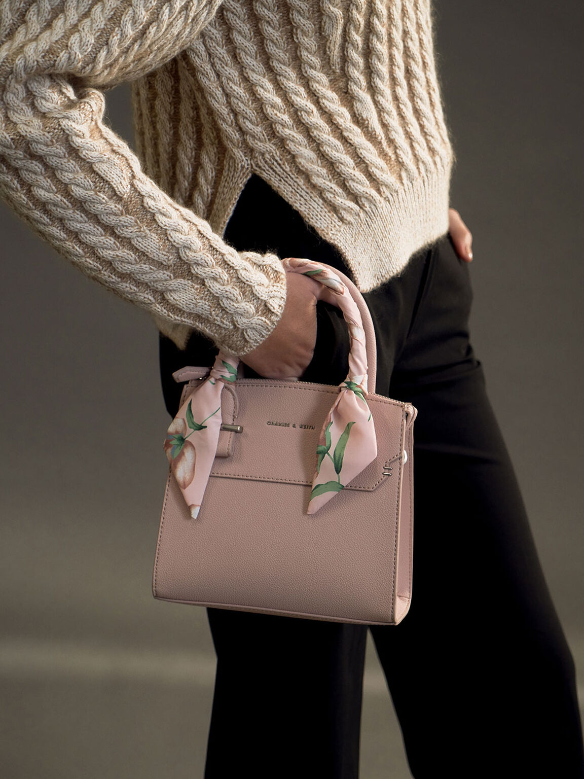 Scarf-Wrapped Top Handle Bag, Pink, hi-res