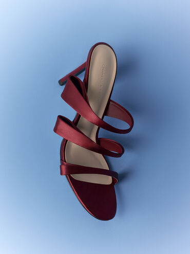 Satin Triple Pleated-Strap Stiletto Heels, Red, hi-res
