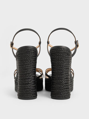Gi&agrave;y đế xuồng hở mũi Leather Strappy Espadrille, Đen, hi-res
