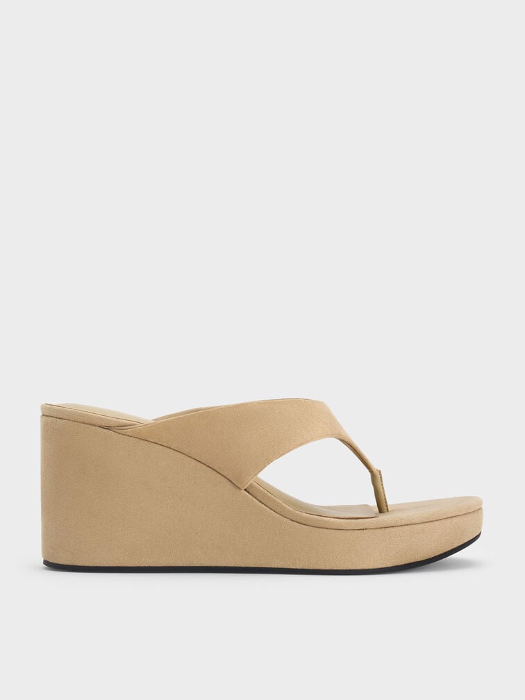 Faux Suede Thong Platform Wedges, Beige, hi-res