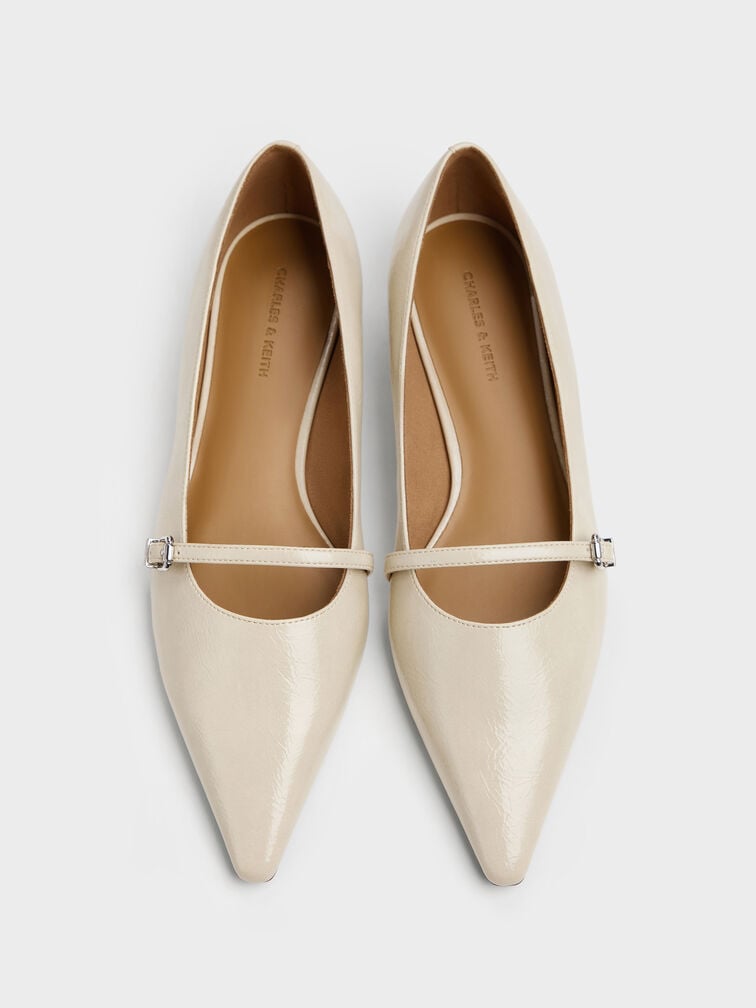 Crinkle-Effect Pointed Ballet Flats, Beige, hi-res