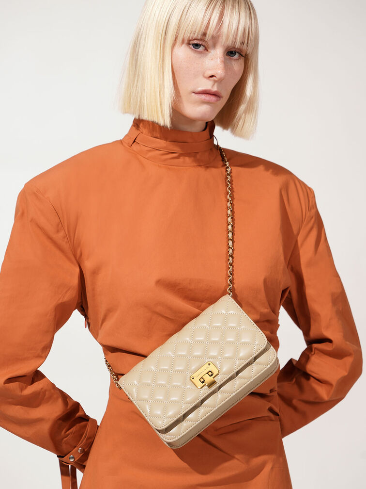Quilted Flip-lock Clutch, Taupe, hi-res