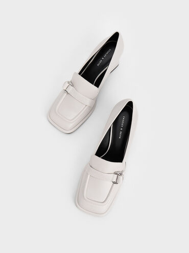Metallic Buckle Penny Loafers, White, hi-res