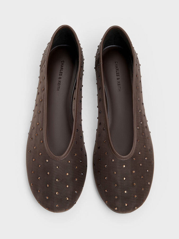 Mesh Crystal Ballet Flats, Dark Brown Textured, hi-res
