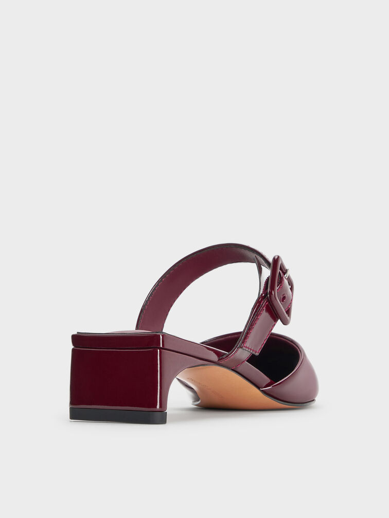 Patent Buckle-Strap Heeled Mules, Burgundy, hi-res
