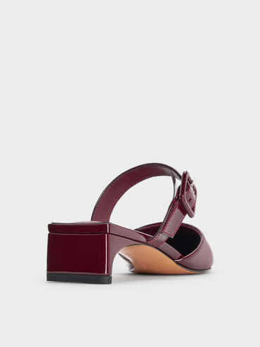 Patent Buckle-Strap Heeled Mules, Burgundy, hi-res