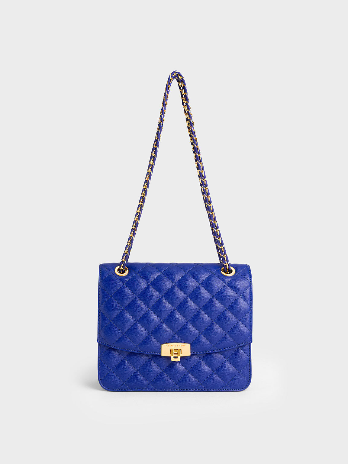 Túi đeo vai nữ phom chữ nhật nắp gập Quilted Chain Strap, Cobalt, hi-res