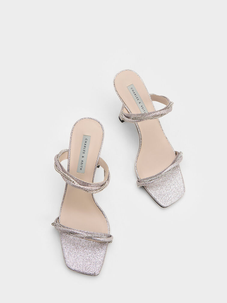 Giày sandals cao gót Embellished Twisted Strap Glittered, Bạc, hi-res